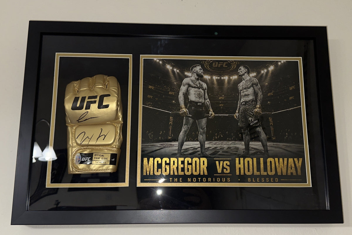 Conor McGregor x Max Holloway Dual-Signed Gold UFC Glove Shadow Box – PSA Authenticated