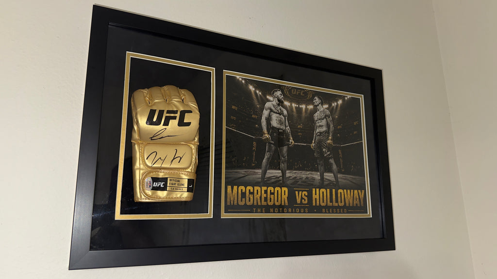Conor McGregor x Max Holloway Dual-Signed Gold UFC Glove Shadow Box – PSA Authenticated