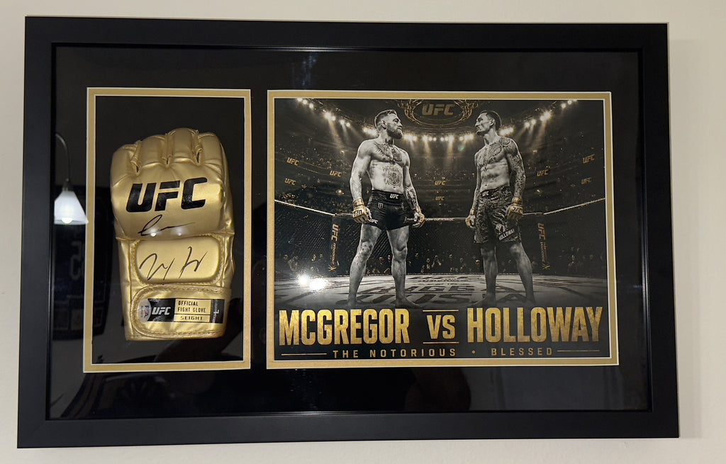 Conor McGregor x Max Holloway Dual-Signed Gold UFC Glove Shadow Box – PSA Authenticated