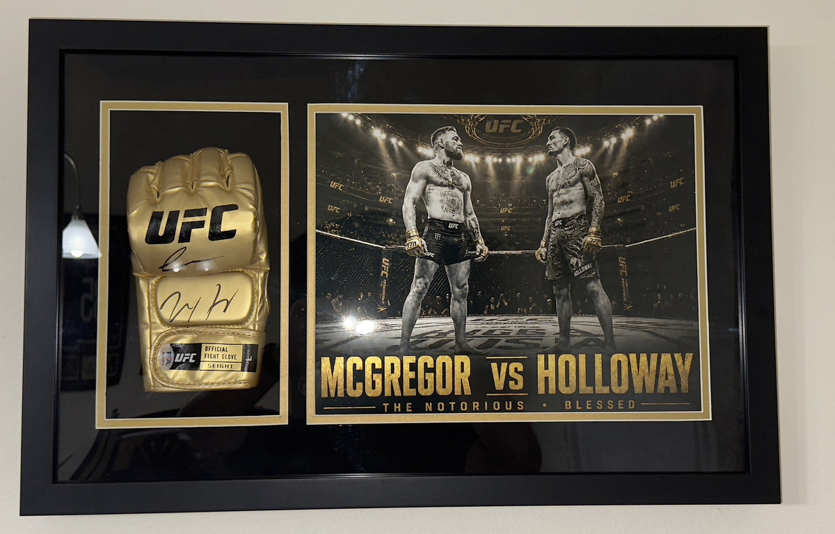 Conor McGregor x Max Holloway Dual-Signed Gold UFC Glove Shadow Box – PSA Authenticated
