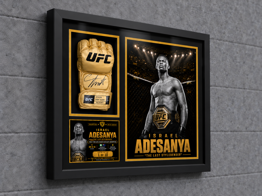 Israel Adesanya signed gold UFC glove displayed in a black-and-gold Champion Gold Series shadow box with championship artwork and biography plate.