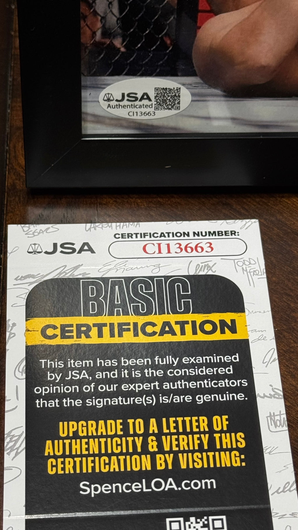 A JSA Basic Certification card for CI13663 on a dark wooden surface, with a black JSA authentication frame partially visible in the background.
