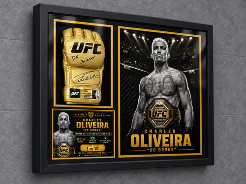 Left-angle view of the Charles Oliveira Champion Gold Series custom shadow box with black framing and gold accent matting.