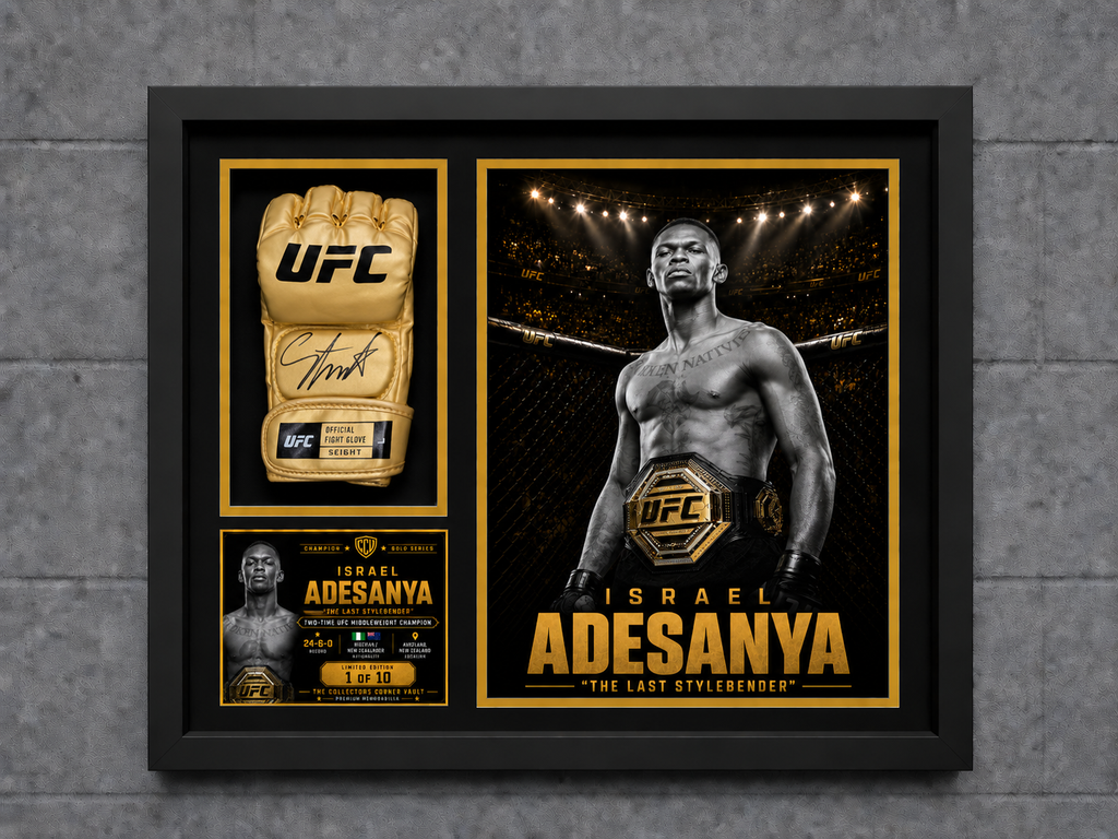 Left-angle view of the Israel Adesanya Champion Gold Series shadow box featuring a Beckett-authenticated signed gold UFC glove.