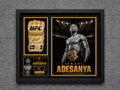 Left-angle view of the Israel Adesanya Champion Gold Series shadow box featuring a Beckett-authenticated signed gold UFC glove.