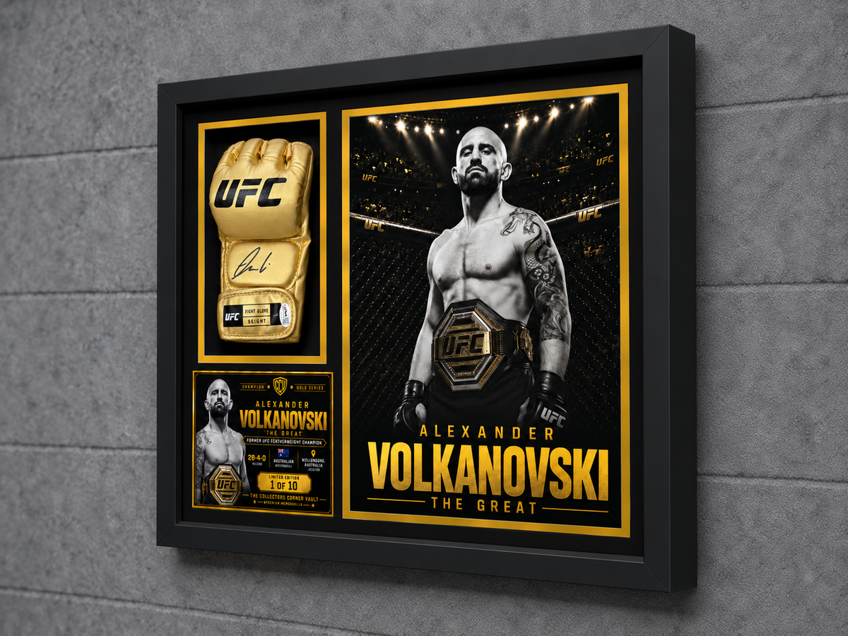 Right-angle view of the Alexander Volkanovski Champion Gold Series museum-style UFC memorabilia display.