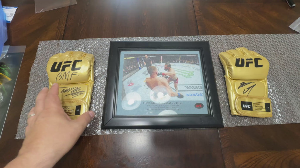 Jorge Masvidal & Nate Diaz Signed Gold UFC Gloves – UFC 244 BMF Event-Used Octagon Canvas Museum Display